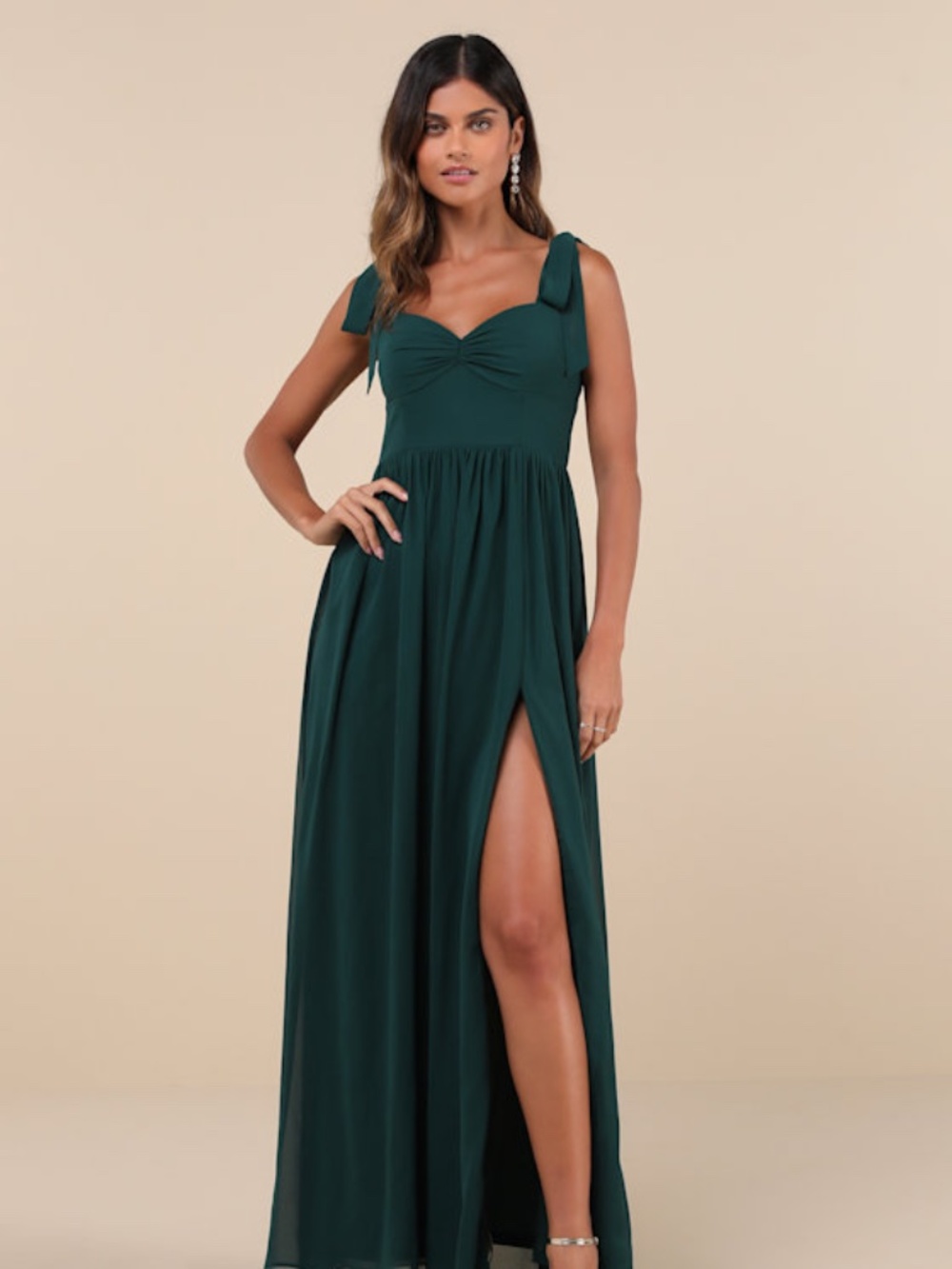 Lulus Radiant Charisma Emerald Chiffon Ruched Tie-strap Maxi Dress Green